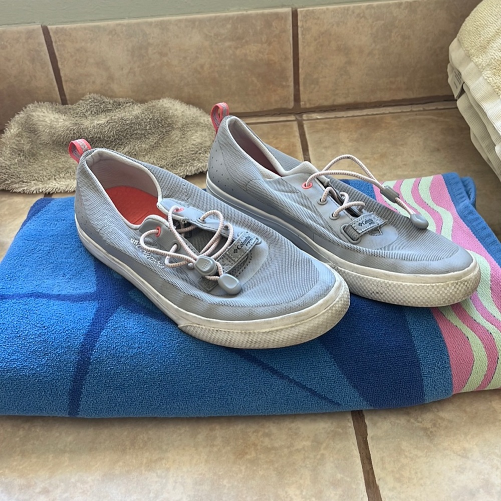 Columbia PFGs, slide on water shoes.